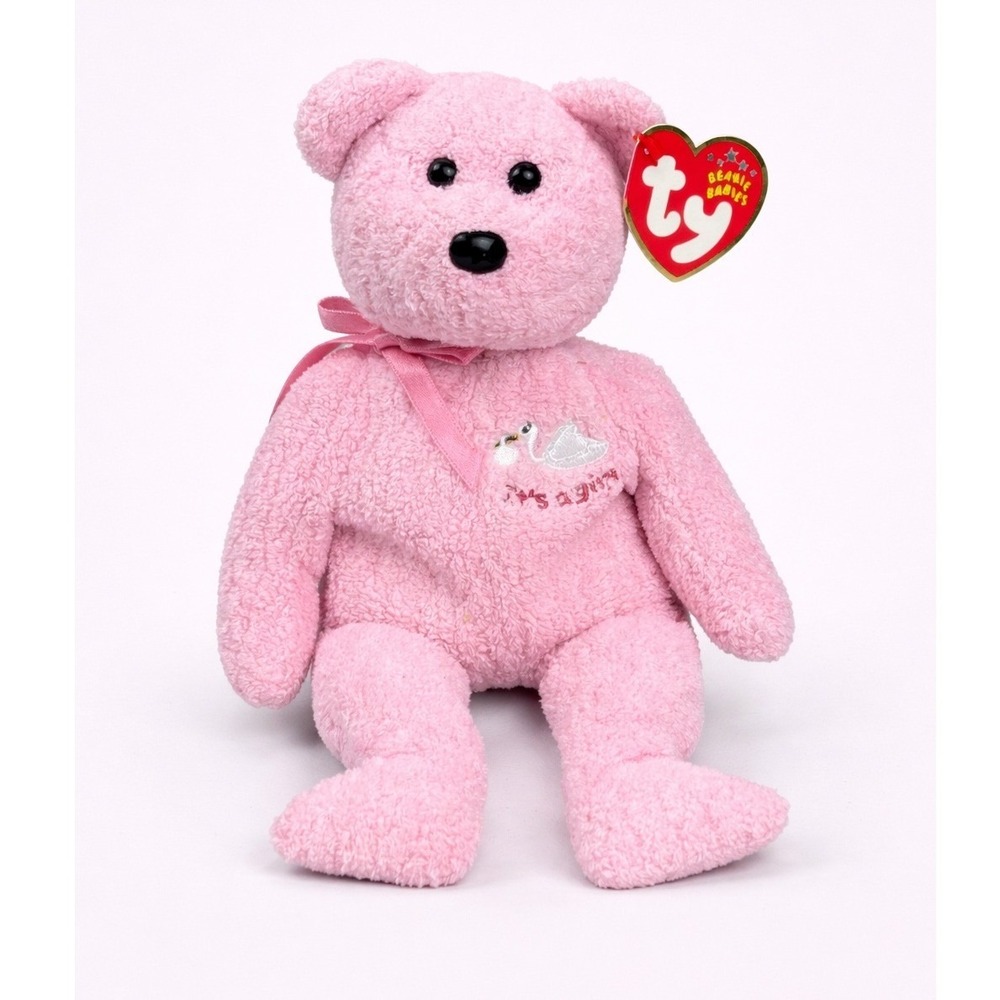 Ty Beanie Babies Baby Girl Pink Bear 2002 Embroidered Swan Plush Toy 8.5 Inch